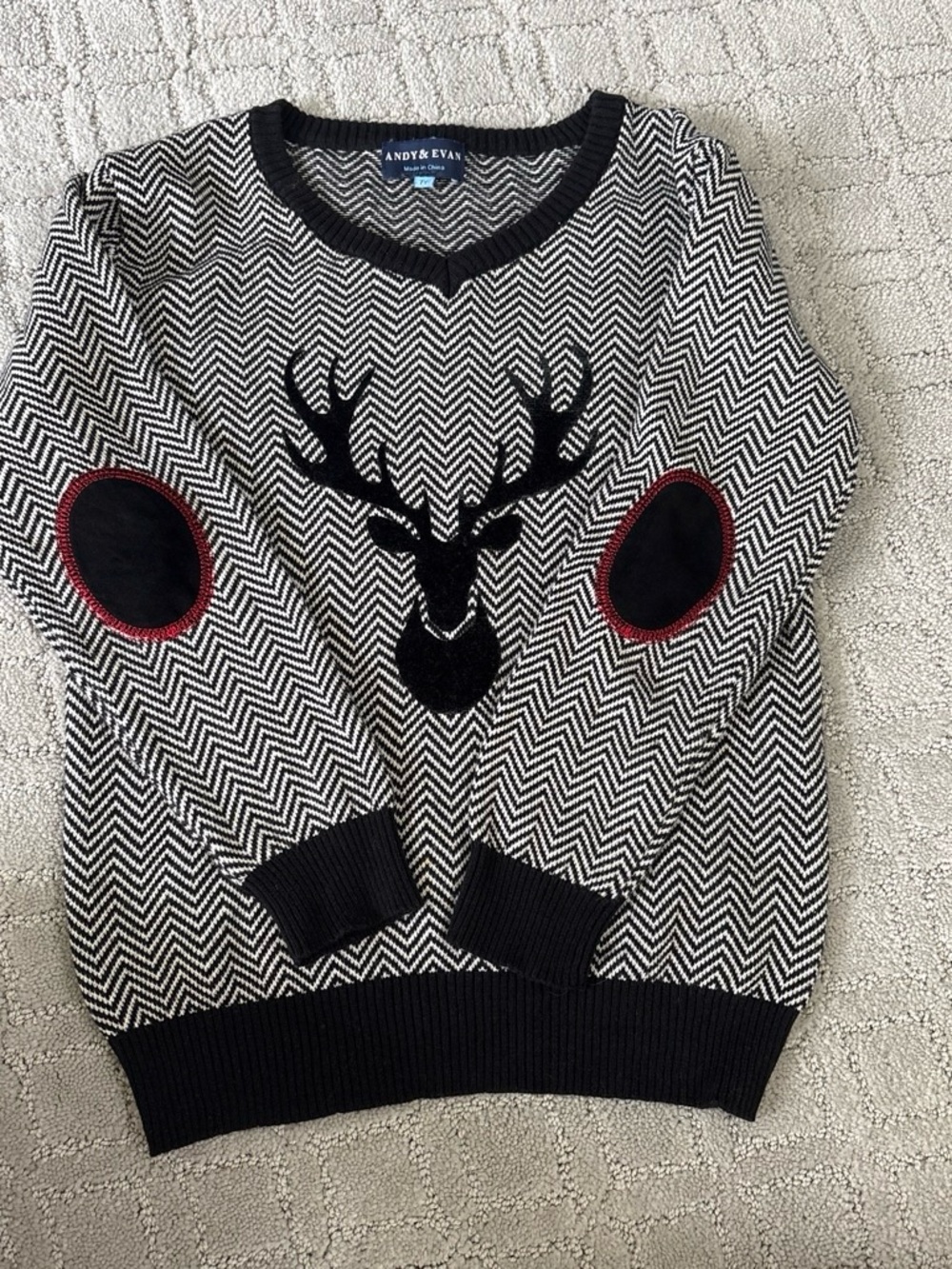 Kid’s Andy & Evan Black and White V-Neck Reindeer Sweater